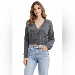 Free People Alpaca Blend Fuzzy Gray Cropped Button Cardigan Sweater XS